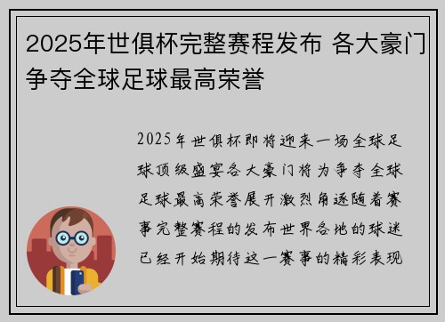 2025年世俱杯完整赛程发布 各大豪门争夺全球足球最高荣誉